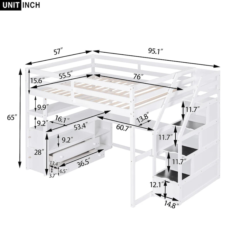 Lit mezzanine pleine grandeur avec bureau, étagères, tiroirs de rangement et escalier – Gris