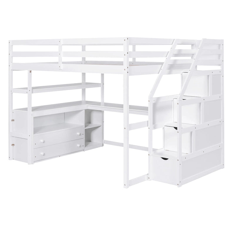Lit mezzanine pleine grandeur avec bureau, étagères, tiroirs de rangement et escalier – Gris