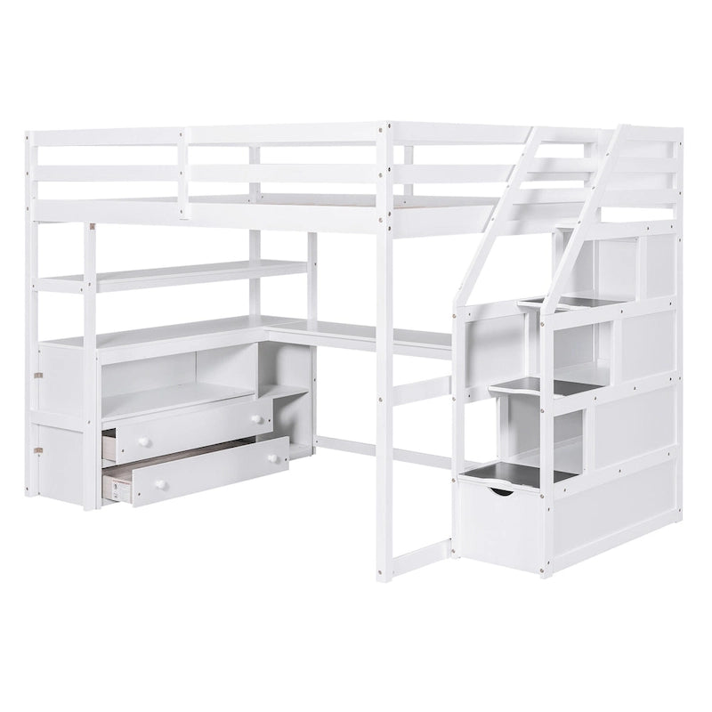 Lit mezzanine pleine grandeur avec bureau, étagères, tiroirs de rangement et escalier – Gris