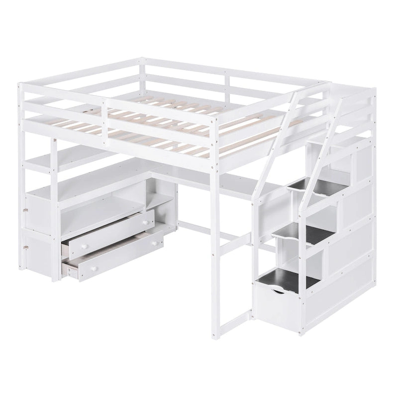Lit mezzanine pleine grandeur avec bureau, étagères, tiroirs de rangement et escalier – Gris