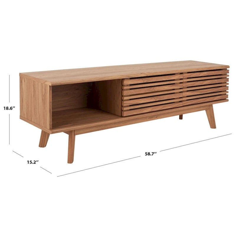 Meuble TV multimédia de 150 cm avec portes à lattes et pieds évasés