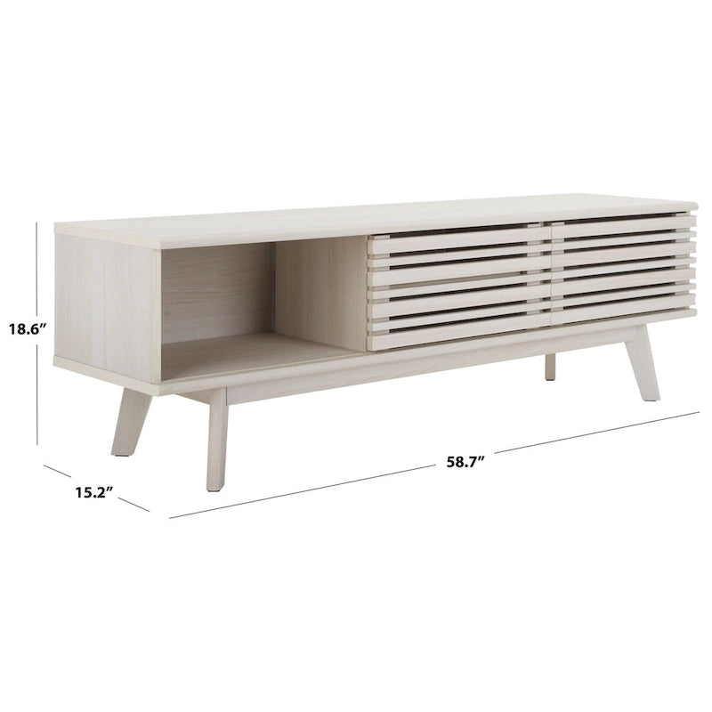 Meuble TV multimédia de 150 cm avec portes à lattes et pieds évasés