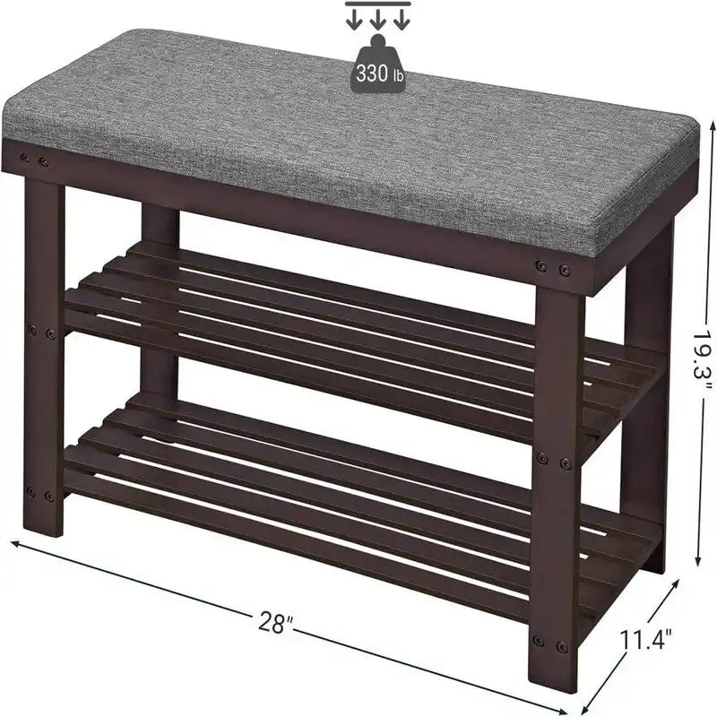 Étagère à chaussures 3 niveaux avec banc rembourré
