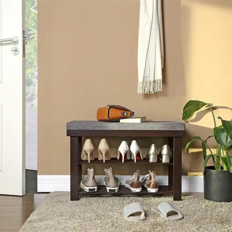 Étagère à chaussures 3 niveaux avec banc rembourré