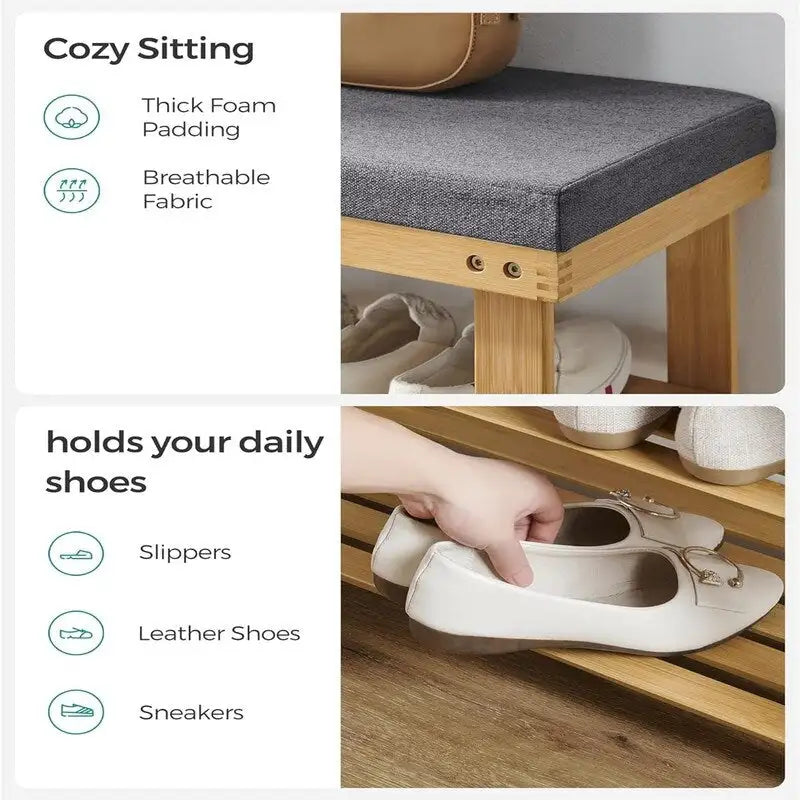 Étagère à chaussures 3 niveaux avec banc rembourré