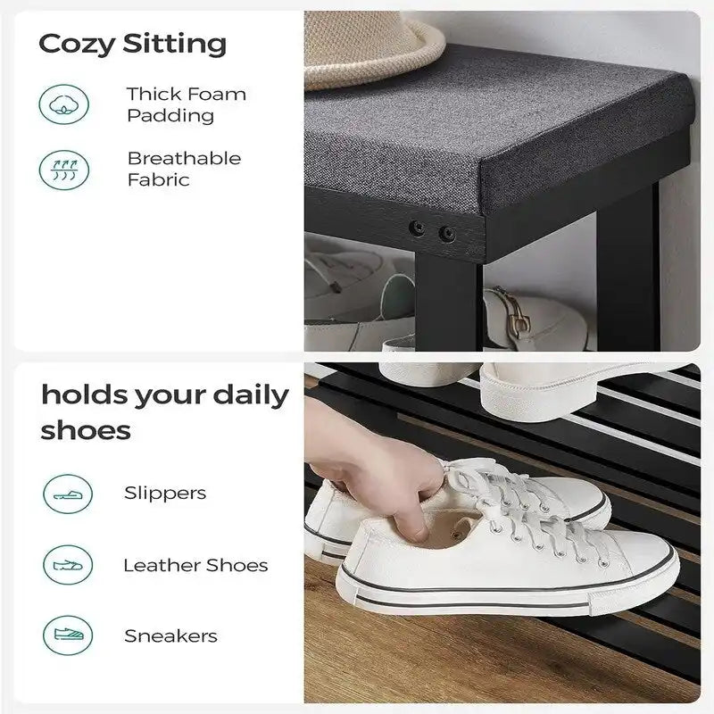 Étagère à chaussures 3 niveaux avec banc rembourré