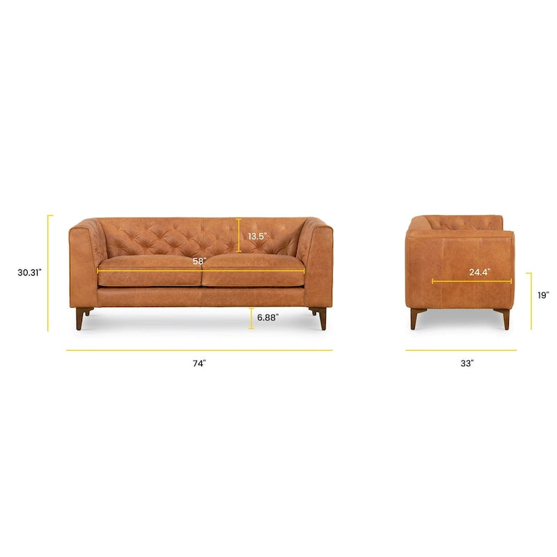 Canapé compact deux places – Cuir pleine fleur couleur cognac
