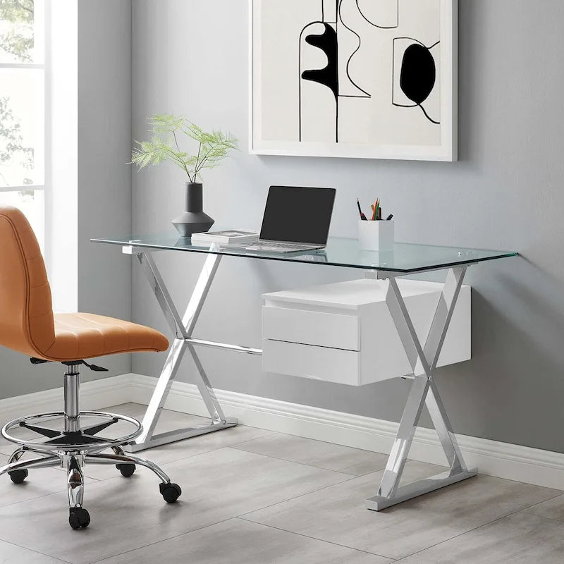 Bureau de travail avec plateau en verre et tiroirs