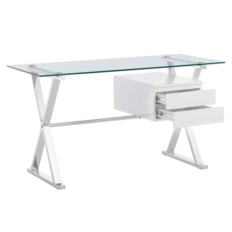 Bureau de travail avec plateau en verre et tiroirs