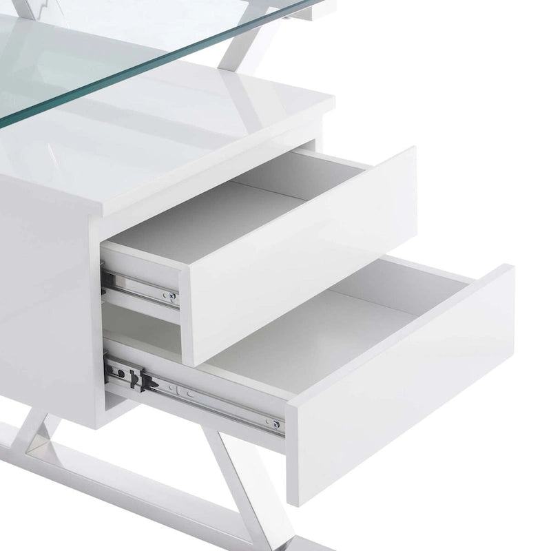 Bureau de travail avec plateau en verre et tiroirs