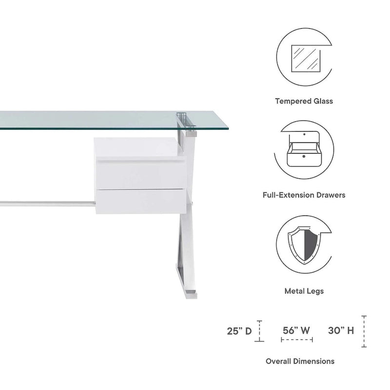 Bureau de travail avec plateau en verre et tiroirs