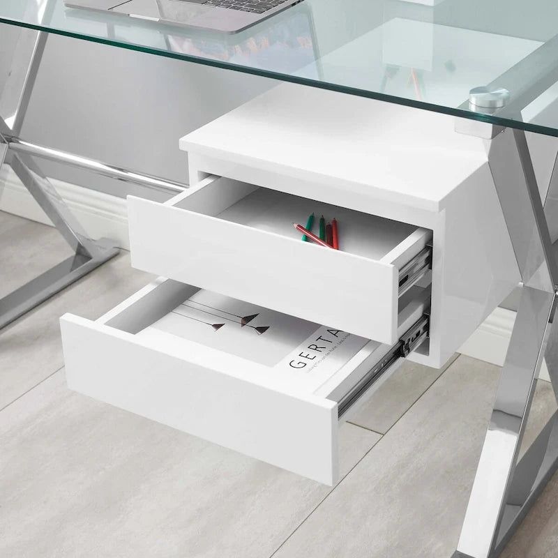 Bureau de travail avec plateau en verre et tiroirs