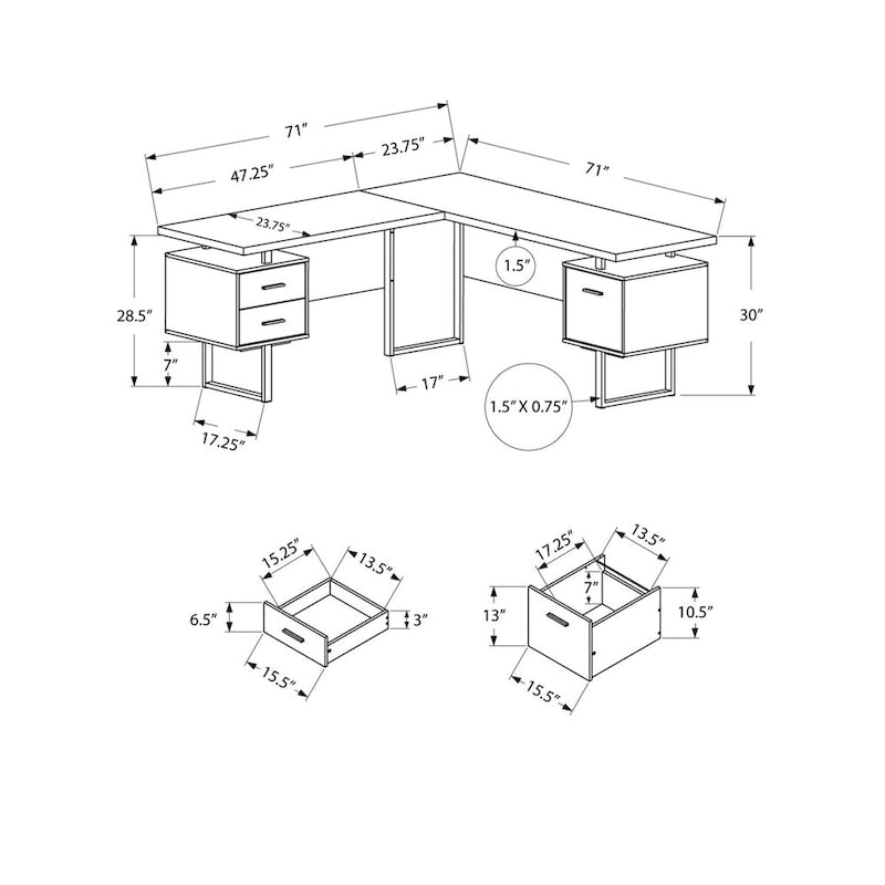 Bureau d'angle gris en L avec 3 tiroirs, 180 cm