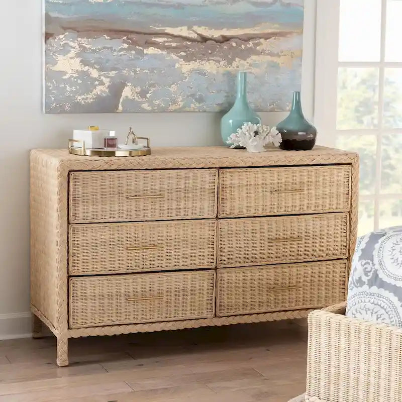 Commode Japandi en rotin et bois à 6 tiroirs