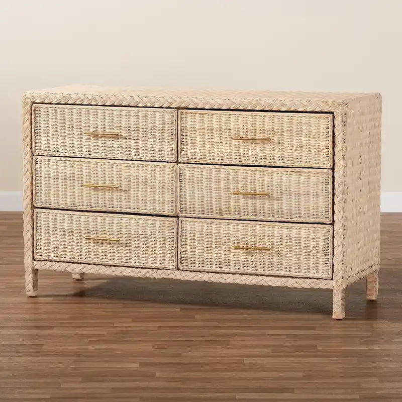 Commode Japandi en rotin et bois à 6 tiroirs
