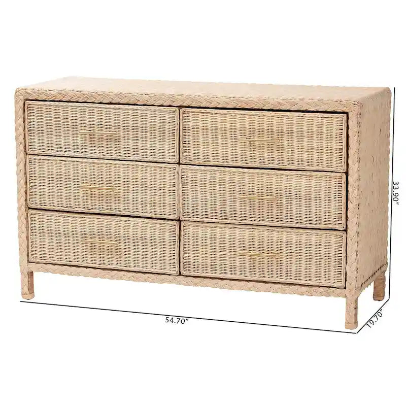 Commode Japandi en rotin et bois à 6 tiroirs